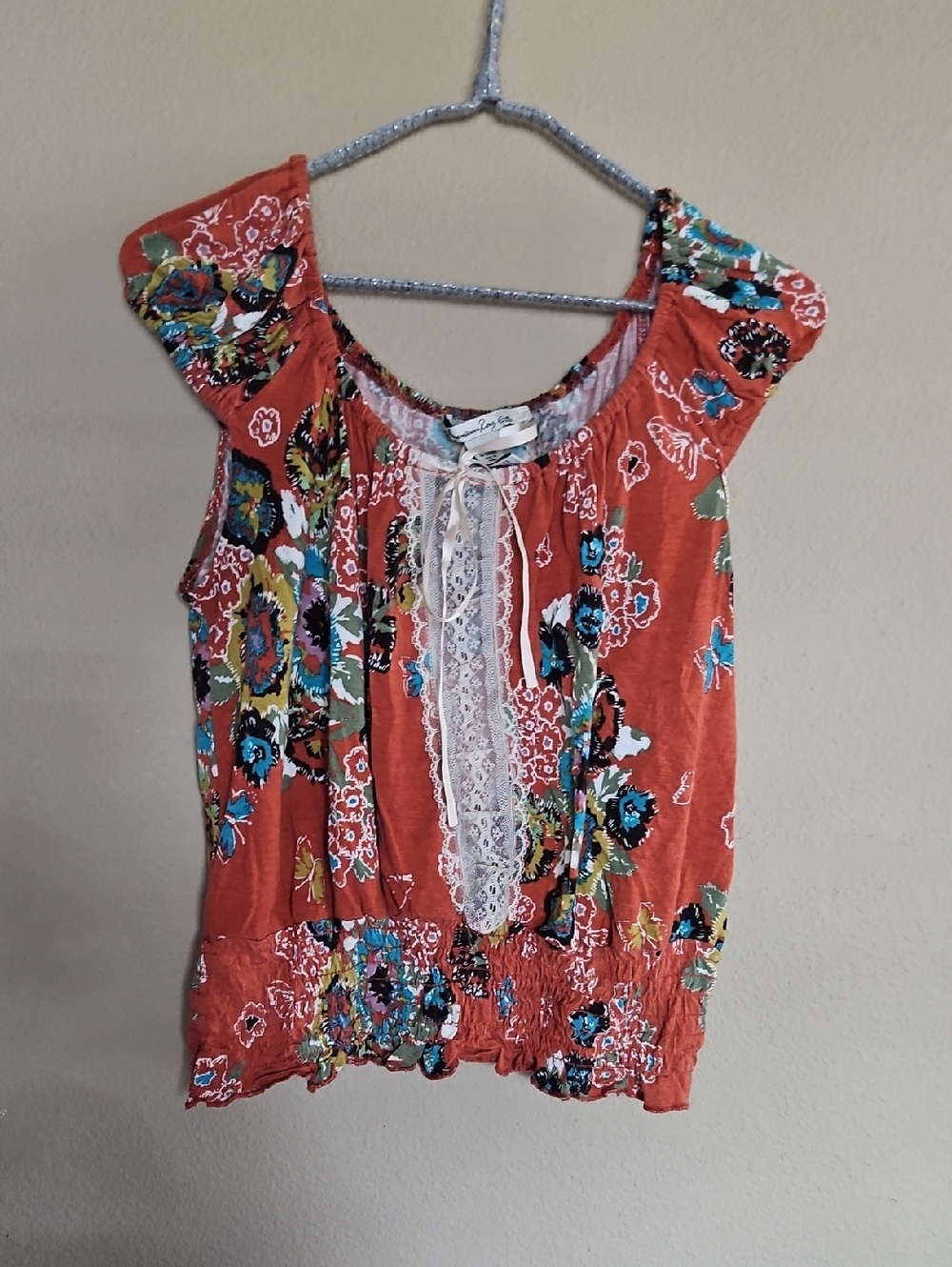 American Rag Rust Floral Lace-Front Boho Top